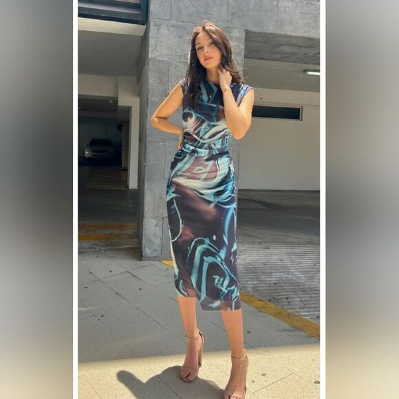 ZARA WOMAN NWT PRINTED TULLE DRESS BLUE BLACK - Picture 1 of 13